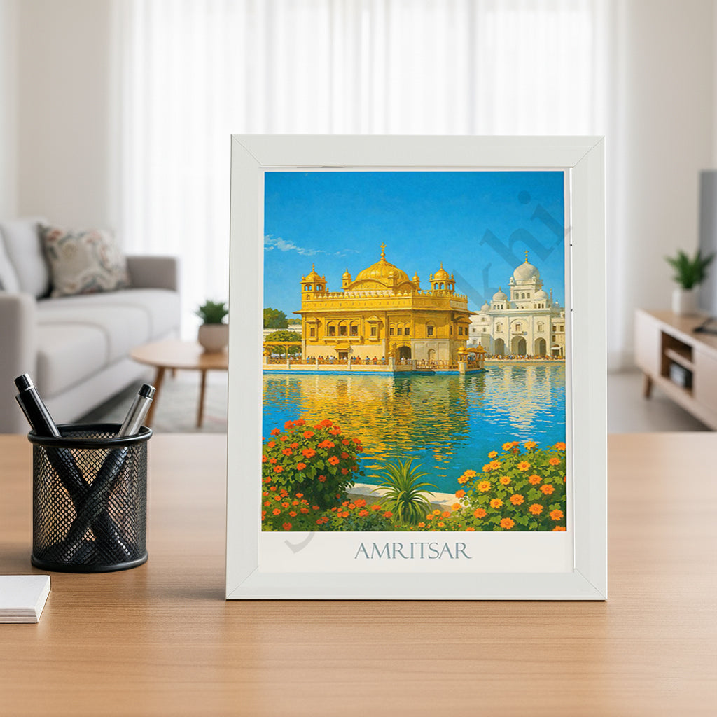 Golden Temple Sikh Art Print: Darbar Sahib Painting:-Digital Wall Art I Wall Frame I with Self Adhesive Hook (GT-017)