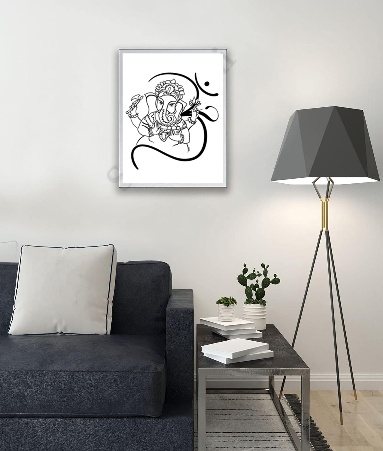 Om Ganesha Minimalist Line Drawing Indian Hindu God Home Wall Decor I Simple Ganesha Puja Room Decor I Indian Religious Gifts I Wall Frame I with Self Adhesive Hook