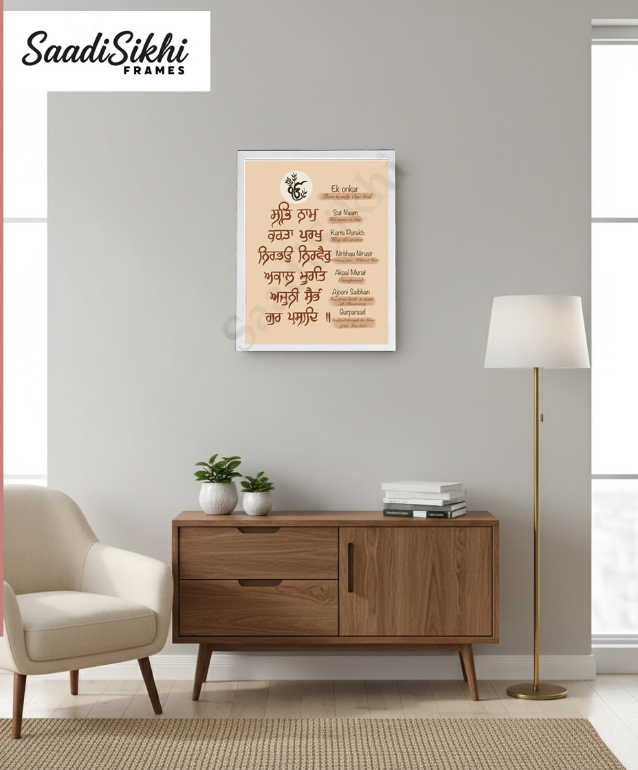 SaadiSikhi I "Mool Mantar in English with Meaning" - Wall Decor Prints For Home , Housewarming Gifts, Sikh Quotes I Sikh Gift Ideas I Premium Office Desk / Study Desk / Side Tables and Wall Gurbani Art Wall Frames I with Self Adhesive Hook