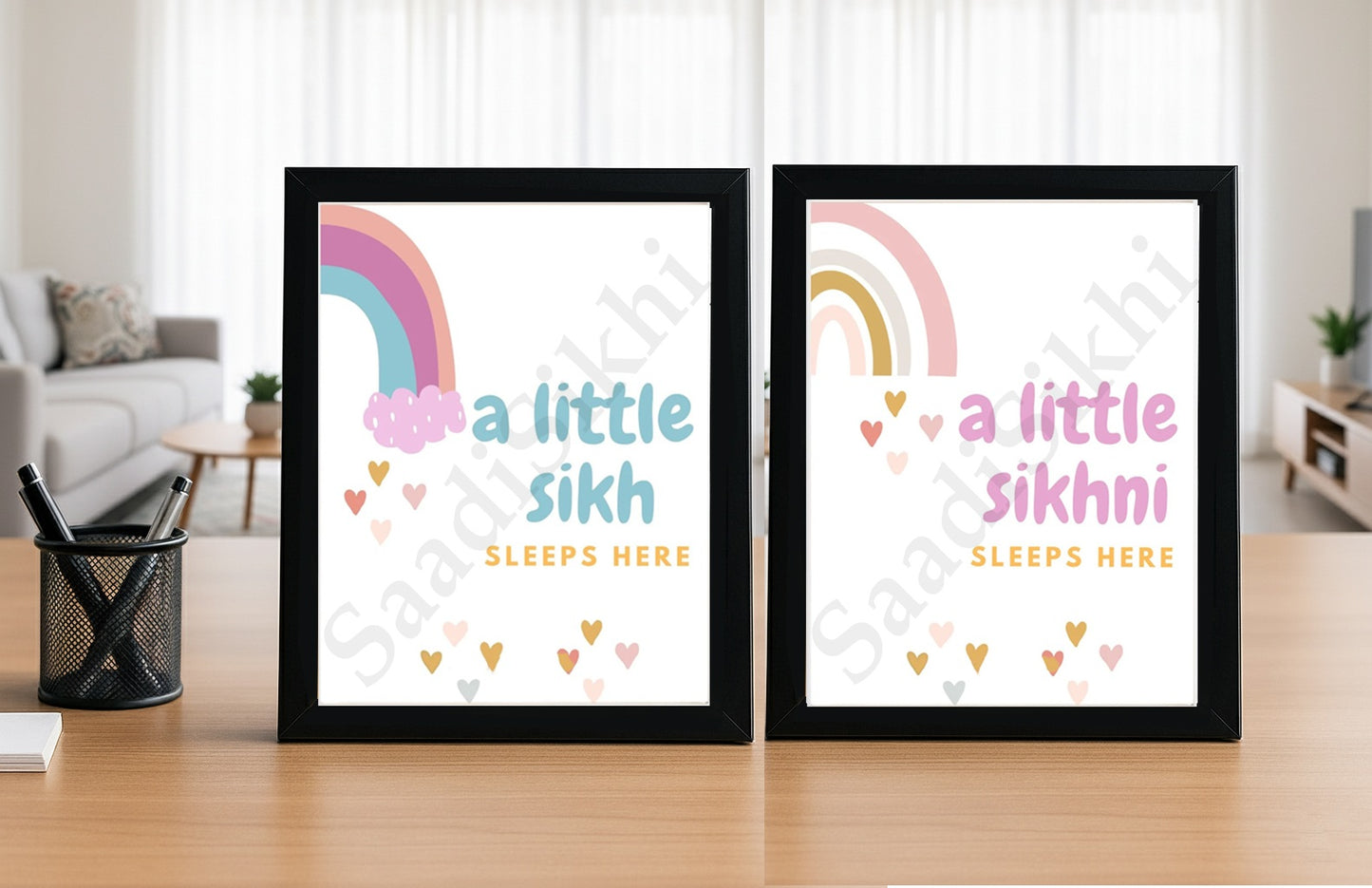SaadiSikhi I Set of 2 "Little Sikh Sikhni" - Wall Decor Prints For Home , Housewarming Gifts, Sikh Quotes I Sikh Gift Ideas I Premium Office Desk / Study Desk / Side Tables and Wall Gurbani Art Wall Frames I with Self Adhesive Hook