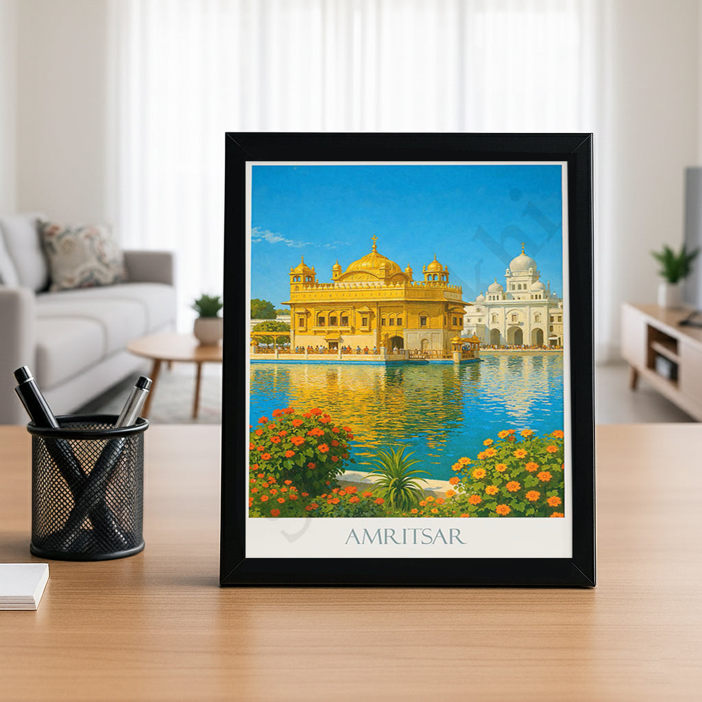 Golden Temple Sikh Art Print: Darbar Sahib Painting:-Digital Wall Art I Wall Frame I with Self Adhesive Hook (GT-017)