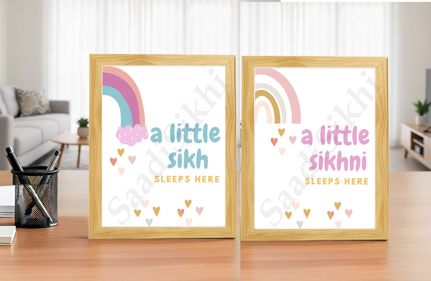 SaadiSikhi I Set of 2 "Little Sikh Sikhni" - Wall Decor Prints For Home , Housewarming Gifts, Sikh Quotes I Sikh Gift Ideas I Premium Office Desk / Study Desk / Side Tables and Wall Gurbani Art Wall Frames I with Self Adhesive Hook