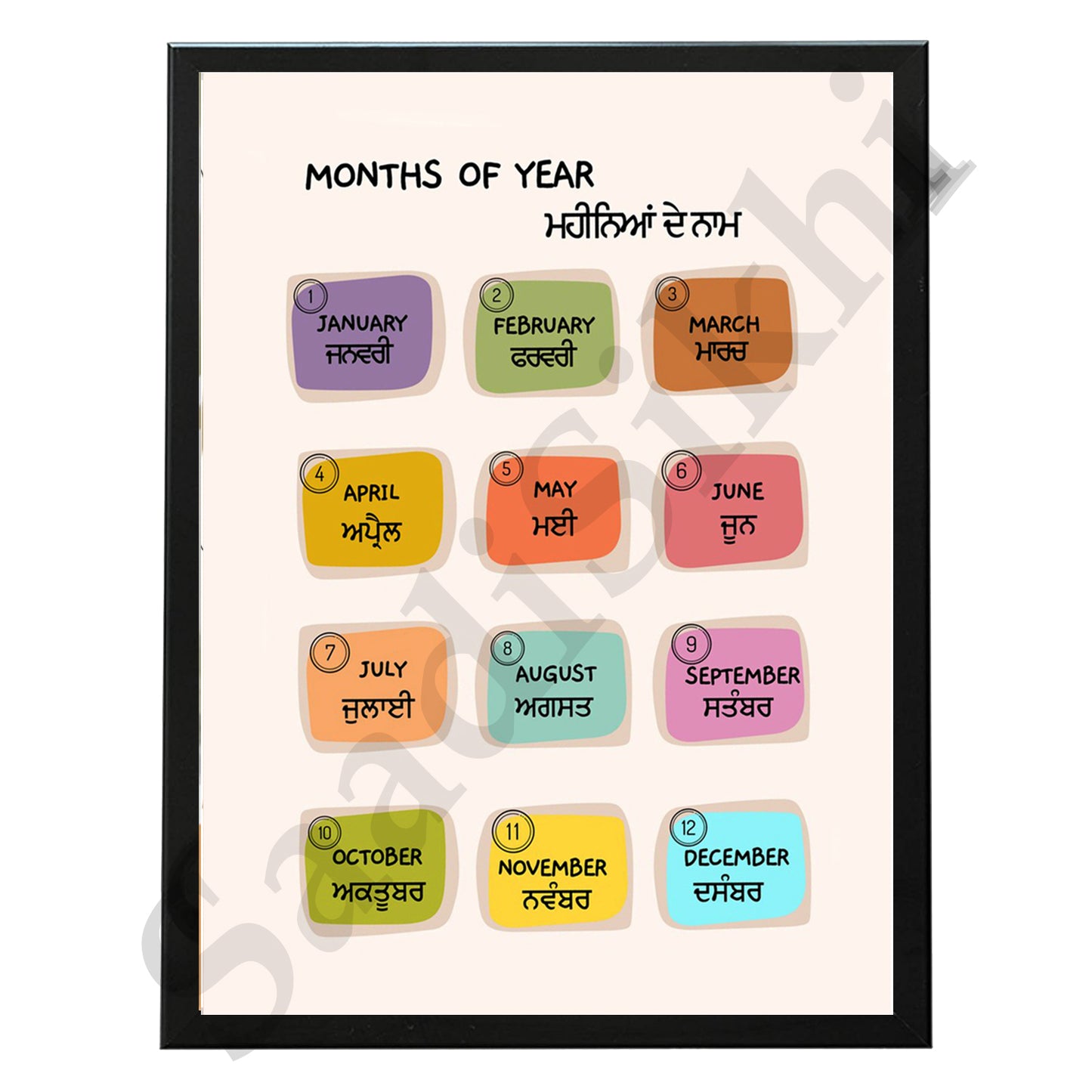 SaadiSikhi I "Months of year" - Wall Decor Prints For Home , Housewarming Gifts, Sikh Quotes I Sikh Gift Ideas I Premium Office Desk / Study Desk / Side Tables and Wall Gurbani Art Wall Frames I with Self Adhesive Hook