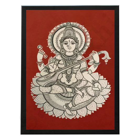 Indian Kalamkari Painting, Goddess Saraswati, Goddess Sarasvati, Indian Religious Art, Indian God, Hindu Art, Spiritual wall Art, Indian Gods I Indian Art I Wall Frame I with Self Adhesive Hook