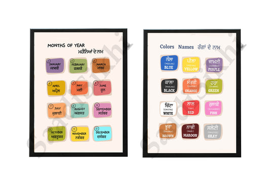 SaadiSikhi I SET OF 2 "Months of year" & "Colours Name" - Wall Decor Prints For Home , Housewarming Gifts, Sikh Quotes I Sikh Gift Ideas I Premium Office Desk / Study Desk / Side Tables and Wall Gurbani Art Wall Frames I with Self Adhesive Hook