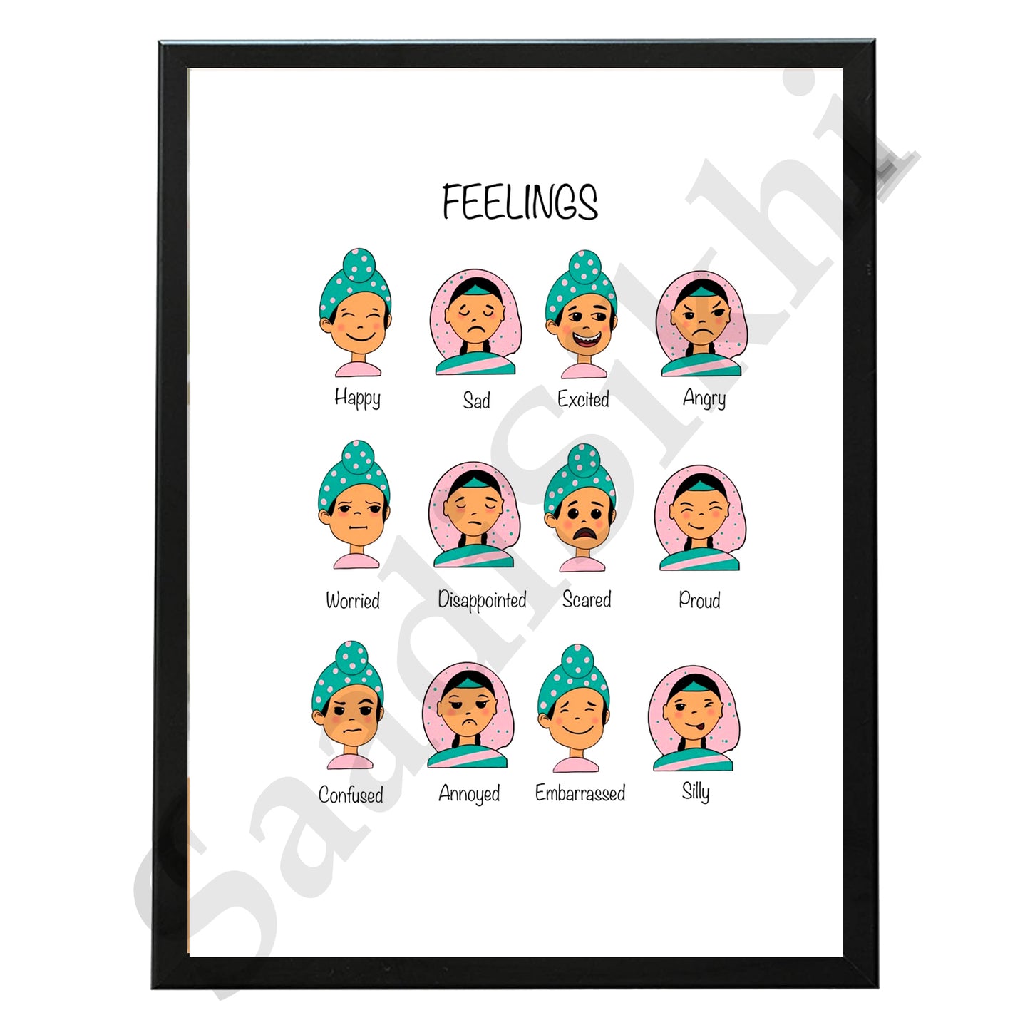 SaadiSikhi I Sikh Educational Wall Art Feelings Chart Frame Emotions Chart Back To School Classroom Wall Decor Nursery Wall Art Kids Room Decor  Premium Office Desk / Study Desk / Side Tables and Wall Art Frames with Self Adhesive Hooks