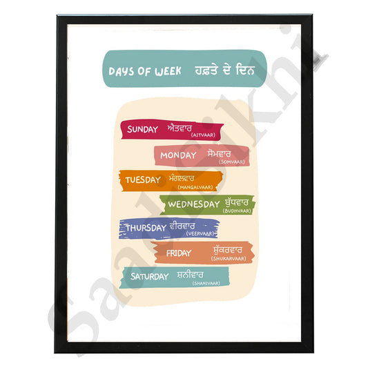 SaadiSikhi I Sikh Educational Wall Art "Days of week" Chart Frame Back To School Classroom Wall Decor Nursery Wall Art Kids Room Decor  Premium Office Desk / Study Desk / Side Tables and Wall Art Frames with Self Adhesive Hooks