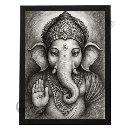 Abstract Modern Om Ganesha Minimalist Line Drawing Indian Hindu God Home Wall Decor I Boho Art I Simple Ganesha Puja Room Decor IIndian ArtI Wall Frame I with Self Adhesive Hook (SS-GJI-005)