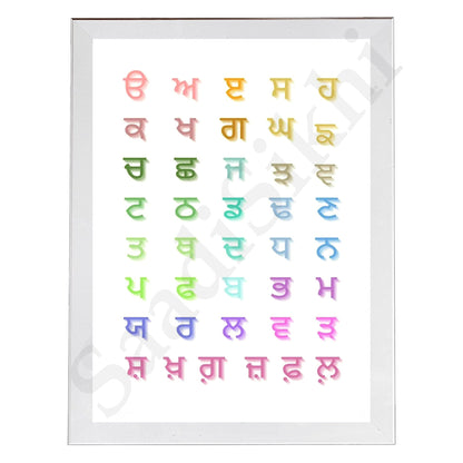 SaadiSikhi I Sikh Educational Wall Art "The Punjabi Gurmukhi Alphabet" Chart Frame Back To School Classroom Wall Decor Nursery Wall Art Kids Room Decor  Premium Office Desk / Study Desk / Side Tables and Wall Art Frames with Self Adhesive Hooks