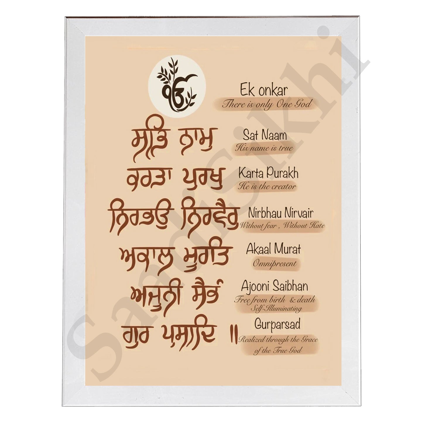 SaadiSikhi I "Mool Mantar in English with Meaning" - Wall Decor Prints For Home , Housewarming Gifts, Sikh Quotes I Sikh Gift Ideas I Premium Office Desk / Study Desk / Side Tables and Wall Gurbani Art Wall Frames I with Self Adhesive Hook