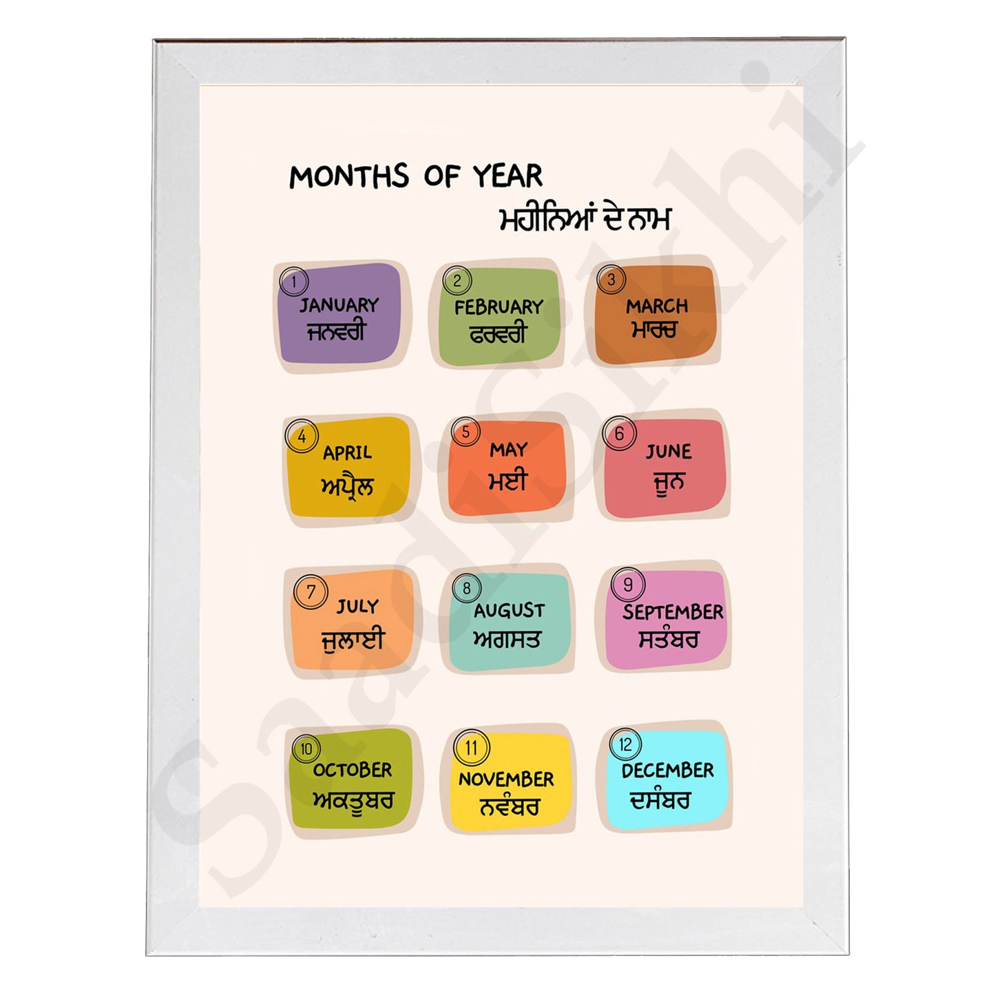 SaadiSikhi I "Months of year" - Wall Decor Prints For Home , Housewarming Gifts, Sikh Quotes I Sikh Gift Ideas I Premium Office Desk / Study Desk / Side Tables and Wall Gurbani Art Wall Frames I with Self Adhesive Hook