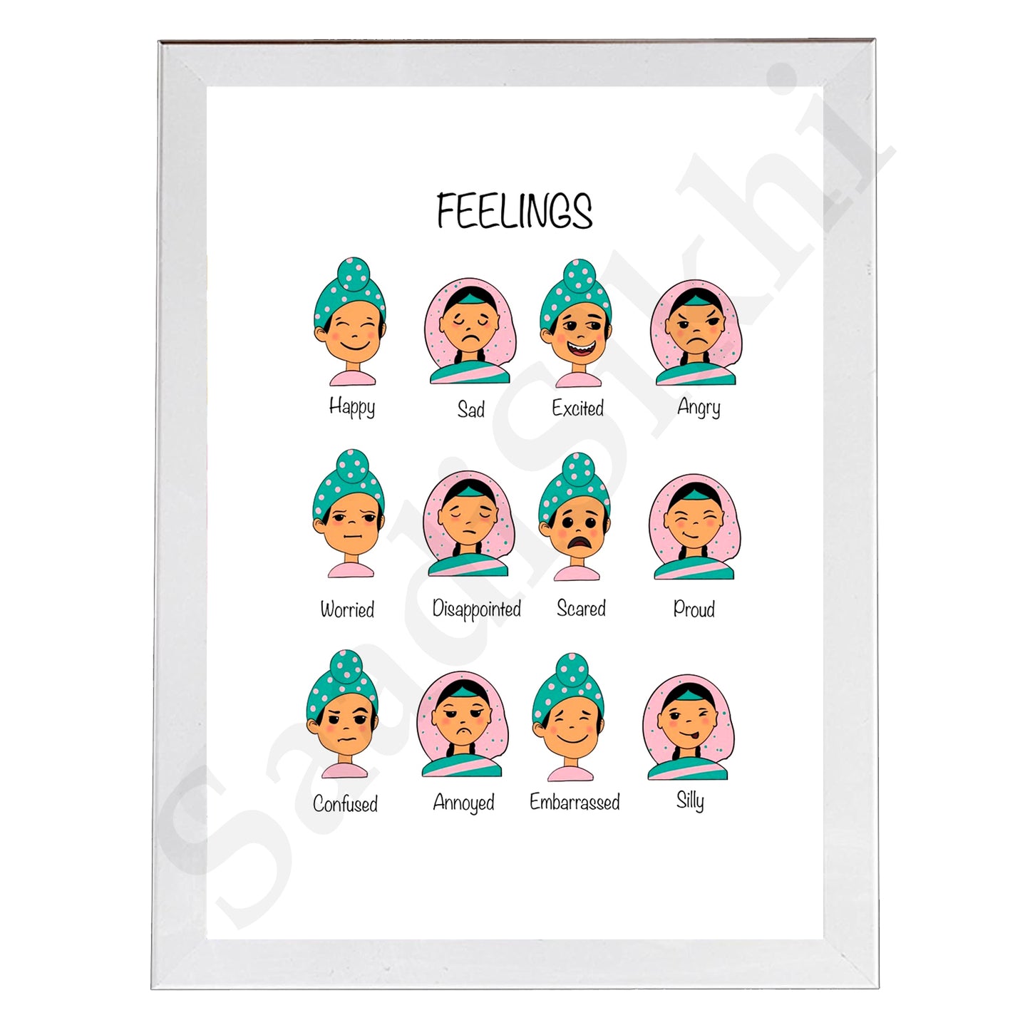 SaadiSikhi I Sikh Educational Wall Art Feelings Chart Frame Emotions Chart Back To School Classroom Wall Decor Nursery Wall Art Kids Room Decor  Premium Office Desk / Study Desk / Side Tables and Wall Art Frames with Self Adhesive Hooks