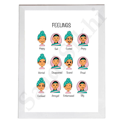 SaadiSikhi I Sikh Educational Wall Art Feelings Chart Frame Emotions Chart Back To School Classroom Wall Decor Nursery Wall Art Kids Room Decor  Premium Office Desk / Study Desk / Side Tables and Wall Art Frames with Self Adhesive Hooks