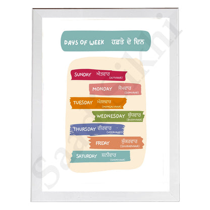 SaadiSikhi I Sikh Educational Wall Art "Days of week" Chart Frame Back To School Classroom Wall Decor Nursery Wall Art Kids Room Decor  Premium Office Desk / Study Desk / Side Tables and Wall Art Frames with Self Adhesive Hooks