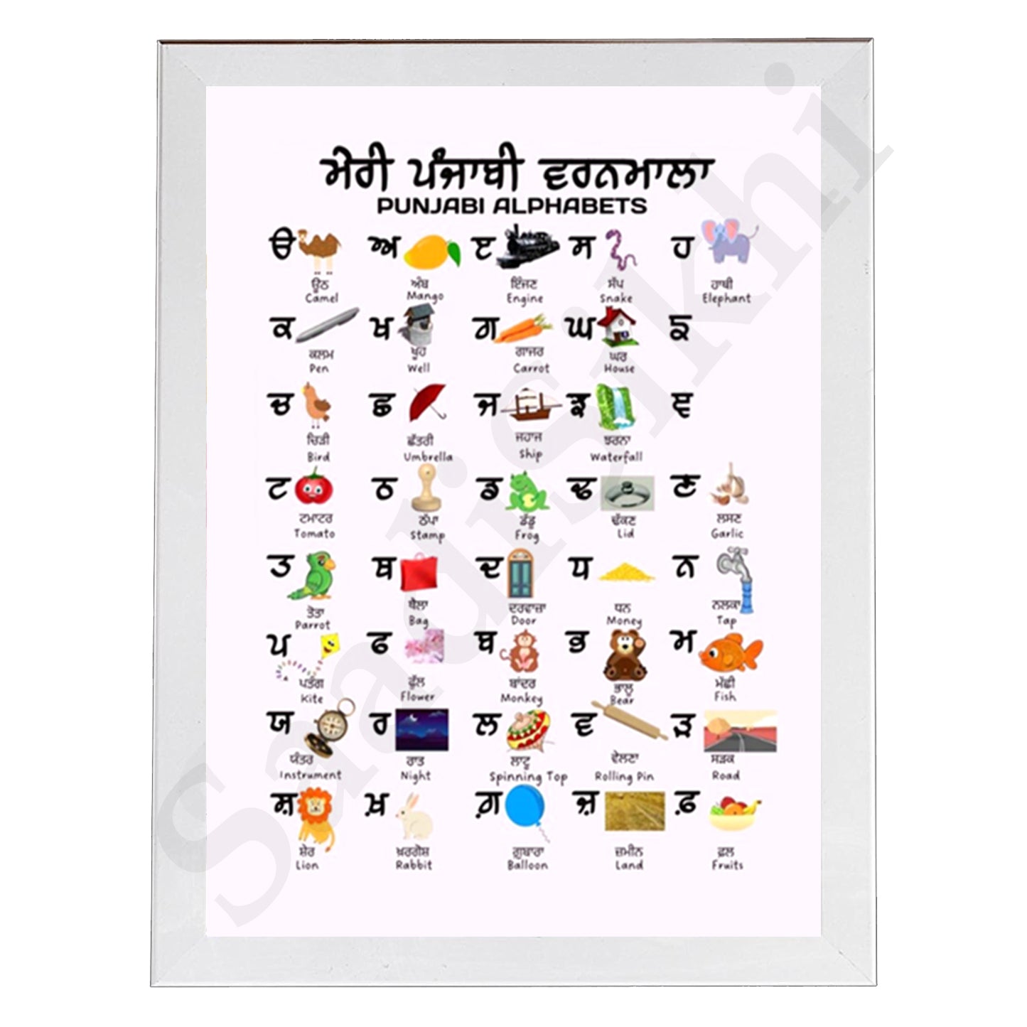 SaadiSikhi I Sikh Educational Wall Art Punjabi Alphabets Chart Frame Back To School Classroom Wall Decor Nursery Wall Art Kids Room Decor  Premium Office Desk / Study Desk / Side Tables and Wall Art Frames with Self Adhesive Hooks