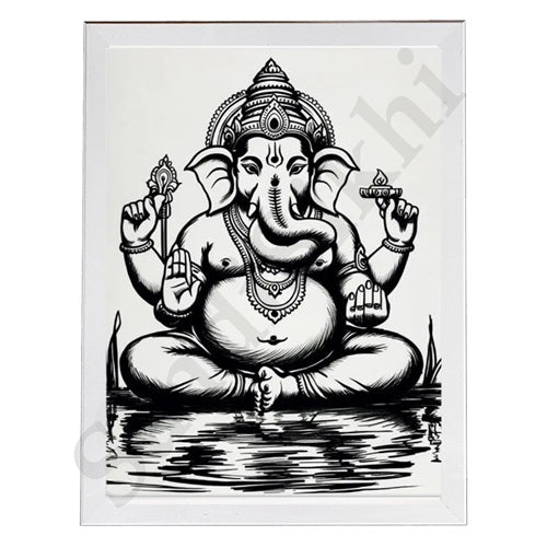 Abstract Modern Om Ganesha Minimalist Line Drawing Indian Hindu God Home Wall Decor I Boho Art I Simple Ganesha Puja Room Decor IIndian ArtI Wall Frame I with Self Adhesive Hook (SS-GJI-026)