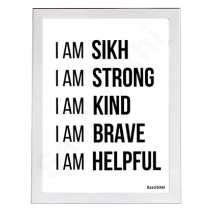 SaadiSikhi I I am Sikh Strong Kind Brave Helpful | Gurmukhi calligraphy | Sikh Religious Wall Art | Sikh Home Decor I Indian Home Decor I Wall Art Frame I with Self Adhesive Hook