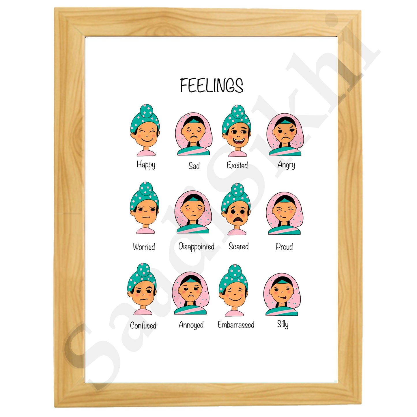 SaadiSikhi I Sikh Educational Wall Art Feelings Chart Frame Emotions Chart Back To School Classroom Wall Decor Nursery Wall Art Kids Room Decor  Premium Office Desk / Study Desk / Side Tables and Wall Art Frames with Self Adhesive Hooks