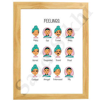 SaadiSikhi I Sikh Educational Wall Art Feelings Chart Frame Emotions Chart Back To School Classroom Wall Decor Nursery Wall Art Kids Room Decor  Premium Office Desk / Study Desk / Side Tables and Wall Art Frames with Self Adhesive Hooks