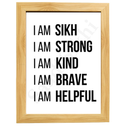 SaadiSikhi I I am Sikh Strong Kind Brave Helpful | Gurmukhi calligraphy | Sikh Religious Wall Art | Sikh Home Decor I Indian Home Decor I Wall Art Frame I with Self Adhesive Hook