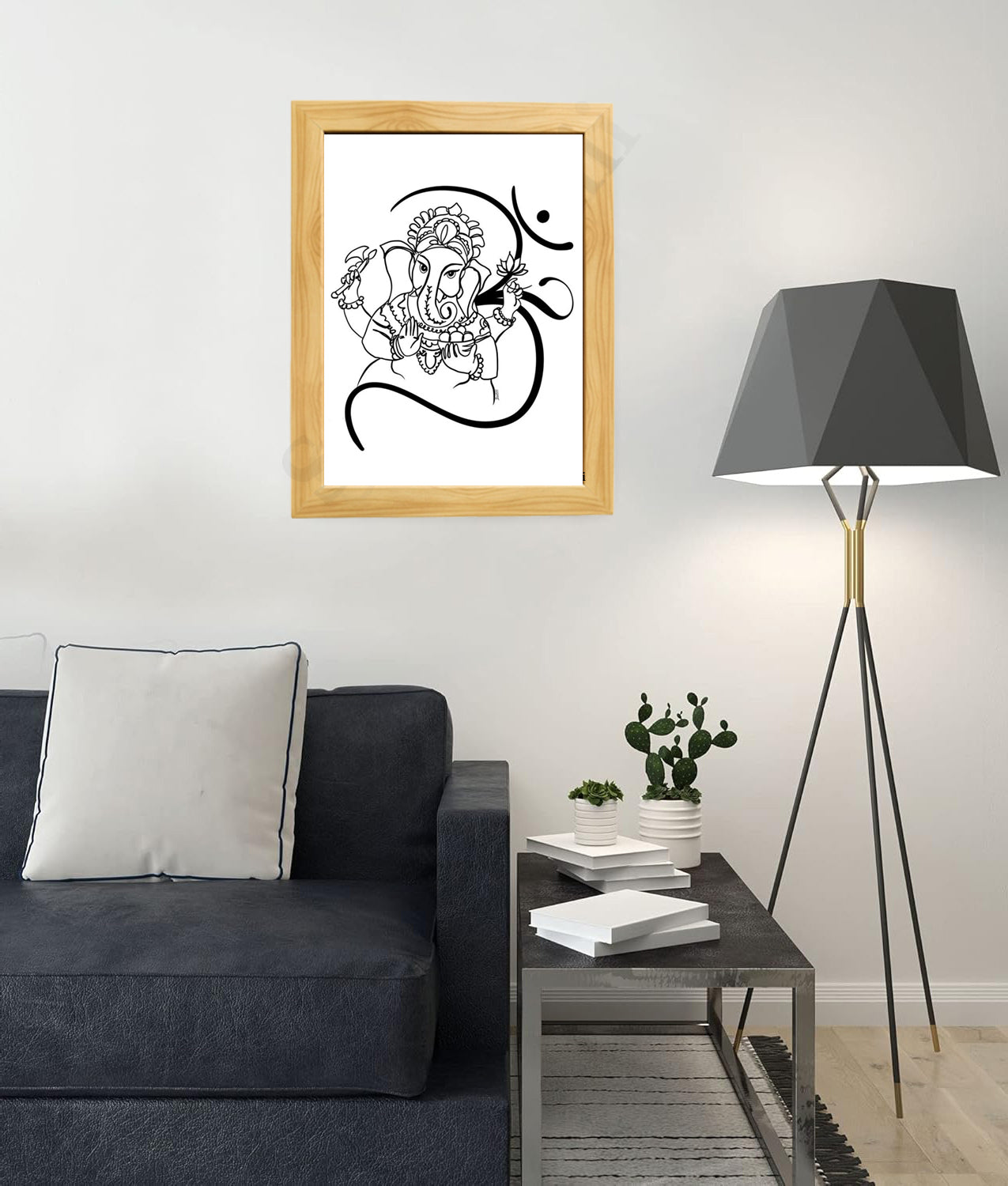 Om Ganesha Minimalist Line Drawing Indian Hindu God Home Wall Decor I Simple Ganesha Puja Room Decor I Indian Religious Gifts I Wall Frame I with Self Adhesive Hook