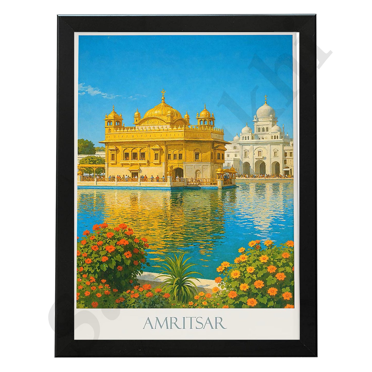 Golden Temple Sikh Art Print: Darbar Sahib Painting:-Digital Wall Art I Wall Frame I with Self Adhesive Hook (GT-017)