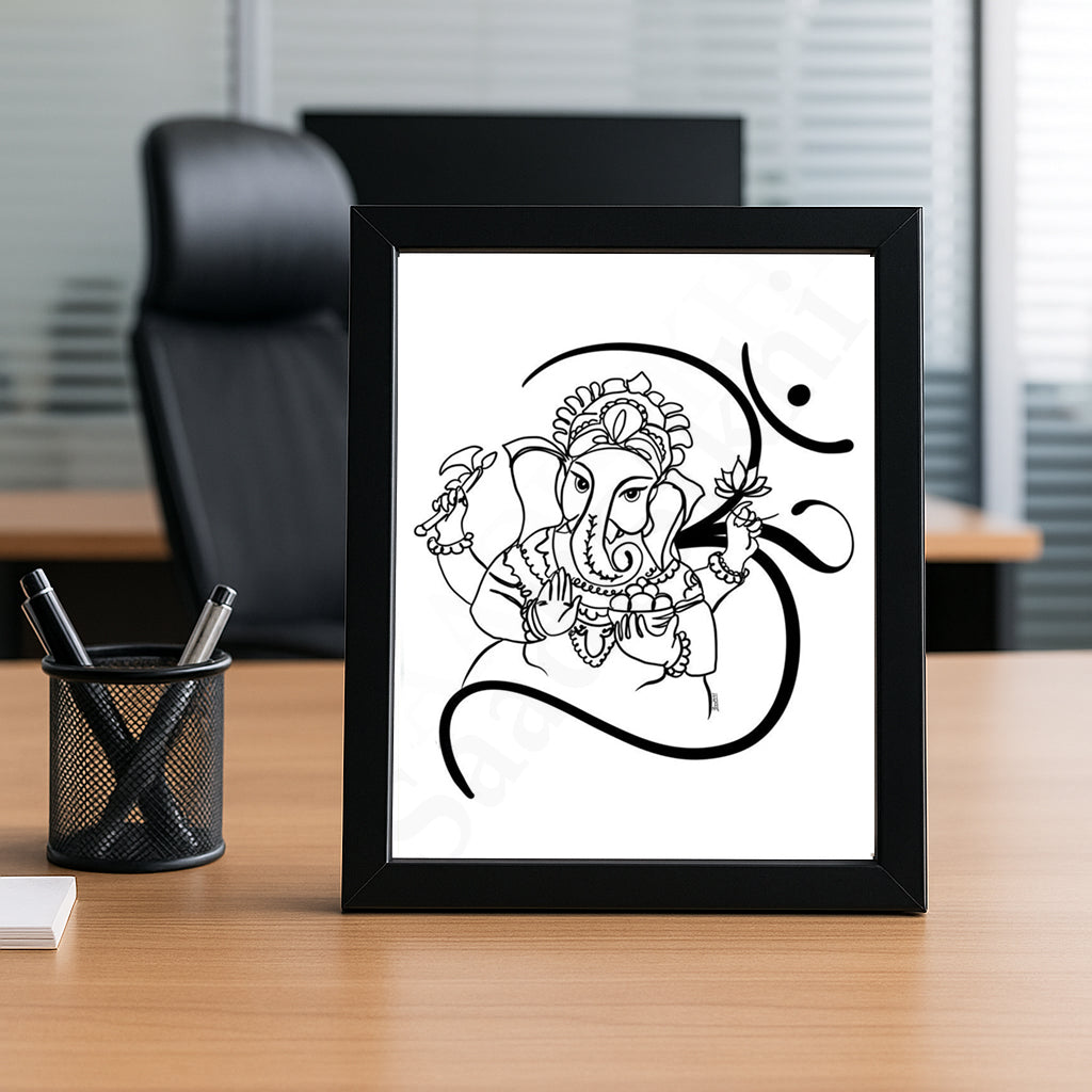 Om Ganesha Minimalist Line Drawing Indian Hindu God Home Wall Decor I Simple Ganesha Puja Room Decor I Indian Religious Gifts I Wall Frame I with Self Adhesive Hook