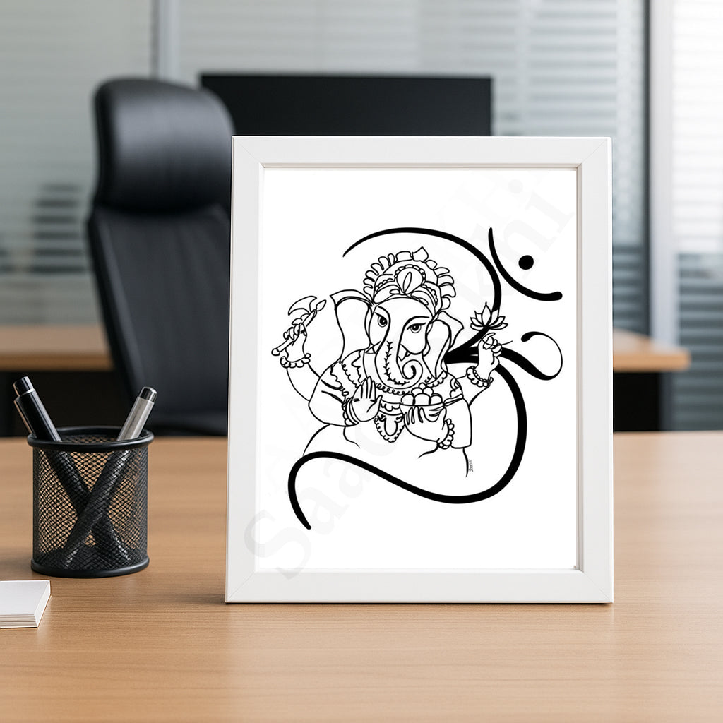 Om Ganesha Minimalist Line Drawing Indian Hindu God Home Wall Decor I Simple Ganesha Puja Room Decor I Indian Religious Gifts I Wall Frame I with Self Adhesive Hook