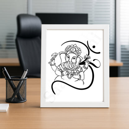 Om Ganesha Minimalist Line Drawing Indian Hindu God Home Wall Decor I Simple Ganesha Puja Room Decor I Indian Religious Gifts I Wall Frame I with Self Adhesive Hook