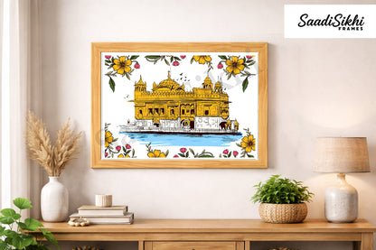 Golden Temple Sikh Art Print: Darbar Sahib Painting:-Digital Wall Art I Wall Frame I with Self Adhesive Hook (GT-007)