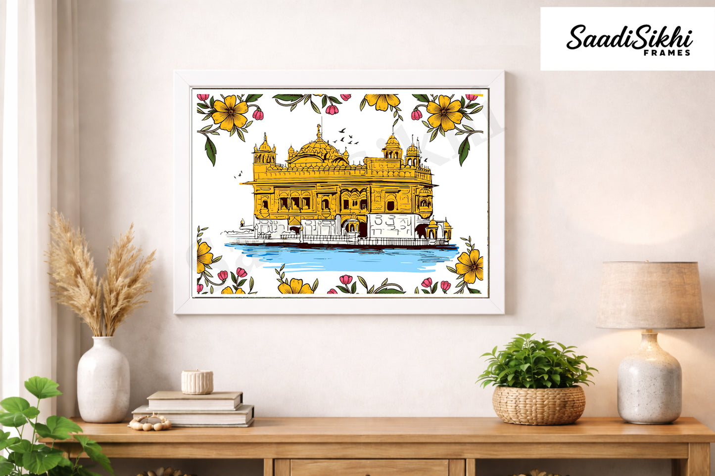 Golden Temple Sikh Art Print: Darbar Sahib Painting:-Digital Wall Art I Wall Frame I with Self Adhesive Hook (GT-007)