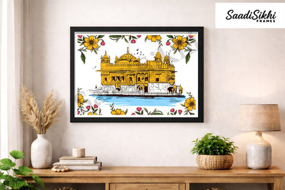 Golden Temple Sikh Art Print: Darbar Sahib Painting:-Digital Wall Art I Wall Frame I with Self Adhesive Hook (GT-007)