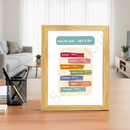 SaadiSikhi I Sikh Educational Wall Art "Days of week" Chart Frame Back To School Classroom Wall Decor Nursery Wall Art Kids Room Decor  Premium Office Desk / Study Desk / Side Tables and Wall Art Frames with Self Adhesive Hooks