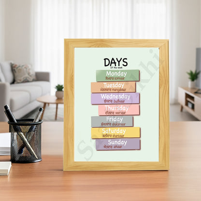SaadiSikhi I Sikh Educational Wall Art "Days of week" Chart Frame Back To School Classroom Wall Decor Nursery Wall Art Kids Room Decor  Premium Office Desk / Study Desk / Side Tables and Wall Art Frames with Self Adhesive Hooks