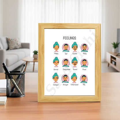 SaadiSikhi I Sikh Educational Wall Art Feelings Chart Frame Emotions Chart Back To School Classroom Wall Decor Nursery Wall Art Kids Room Decor  Premium Office Desk / Study Desk / Side Tables and Wall Art Frames with Self Adhesive Hooks