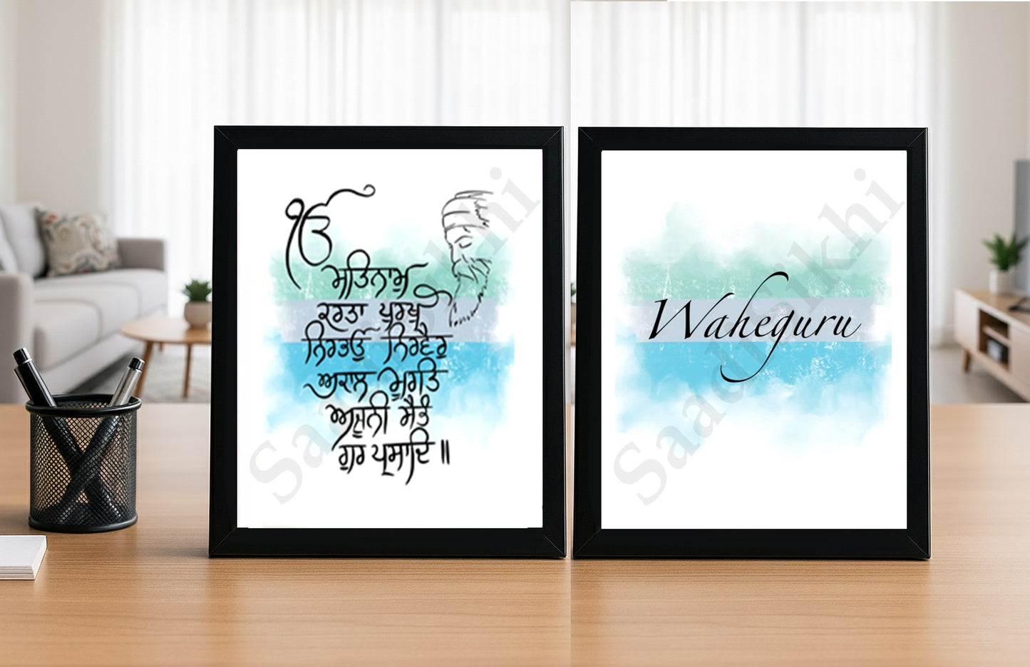 SaadiSikhi I SET OF 2 - "MOOL MANTAR - WAHEGURU" - Wall Decor Prints For Home , Housewarming Gifts, Sikh Quotes I Sikh Gift Ideas I Premium Office Desk / Study Desk / Side Tables and Wall Gurbani Art Wall Frames I with Self Adhesive Hook