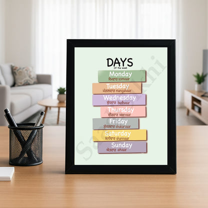 SaadiSikhi I Sikh Educational Wall Art "Days of week" Chart Frame Back To School Classroom Wall Decor Nursery Wall Art Kids Room Decor  Premium Office Desk / Study Desk / Side Tables and Wall Art Frames with Self Adhesive Hooks