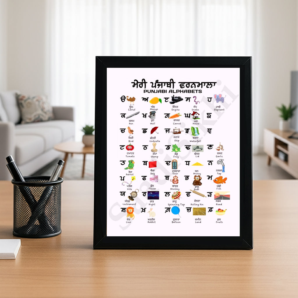 SaadiSikhi I Sikh Educational Wall Art Punjabi Alphabets Chart Frame Back To School Classroom Wall Decor Nursery Wall Art Kids Room Decor  Premium Office Desk / Study Desk / Side Tables and Wall Art Frames with Self Adhesive Hooks