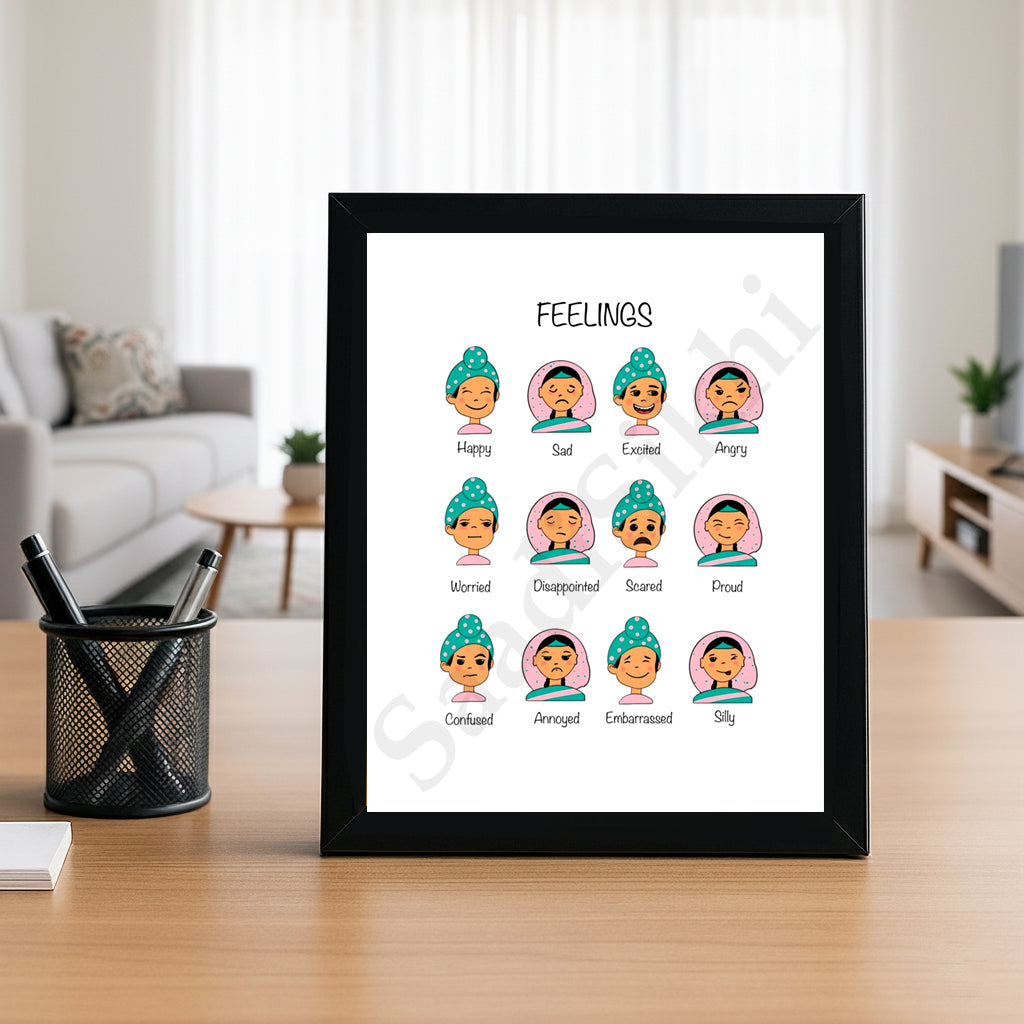 SaadiSikhi I Sikh Educational Wall Art Feelings Chart Frame Emotions Chart Back To School Classroom Wall Decor Nursery Wall Art Kids Room Decor  Premium Office Desk / Study Desk / Side Tables and Wall Art Frames with Self Adhesive Hooks