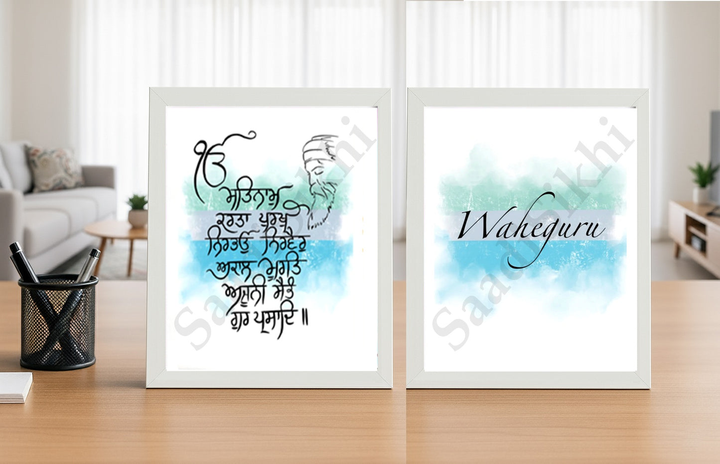 SaadiSikhi I SET OF 2 - "MOOL MANTAR - WAHEGURU" - Wall Decor Prints For Home , Housewarming Gifts, Sikh Quotes I Sikh Gift Ideas I Premium Office Desk / Study Desk / Side Tables and Wall Gurbani Art Wall Frames I with Self Adhesive Hook