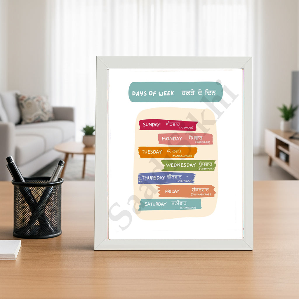 SaadiSikhi I Sikh Educational Wall Art "Days of week" Chart Frame Back To School Classroom Wall Decor Nursery Wall Art Kids Room Decor  Premium Office Desk / Study Desk / Side Tables and Wall Art Frames with Self Adhesive Hooks