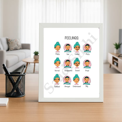 SaadiSikhi I Sikh Educational Wall Art Feelings Chart Frame Emotions Chart Back To School Classroom Wall Decor Nursery Wall Art Kids Room Decor  Premium Office Desk / Study Desk / Side Tables and Wall Art Frames with Self Adhesive Hooks