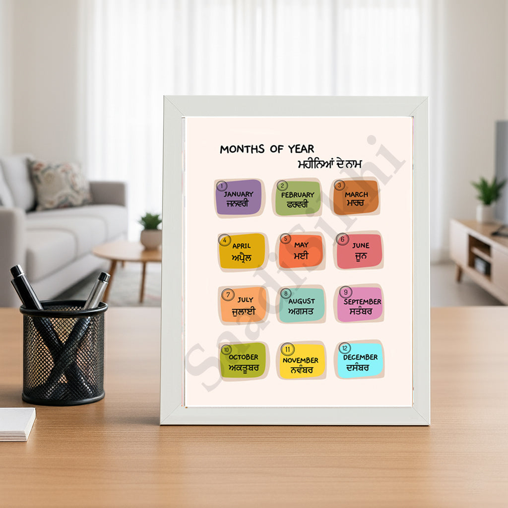 SaadiSikhi I "Months of year" - Wall Decor Prints For Home , Housewarming Gifts, Sikh Quotes I Sikh Gift Ideas I Premium Office Desk / Study Desk / Side Tables and Wall Gurbani Art Wall Frames I with Self Adhesive Hook