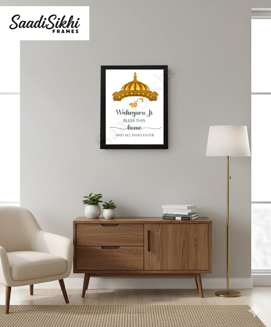 SaadiSikhi I "Waheguru Bless This Home" - Wall Decor Prints For Home , Housewarming Gifts, Sikh Quotes I Sikh Gift Ideas I Premium Office Desk / Study Desk / Side Tables and Wall Gurbani Art Wall Frames I with Self Adhesive Hook