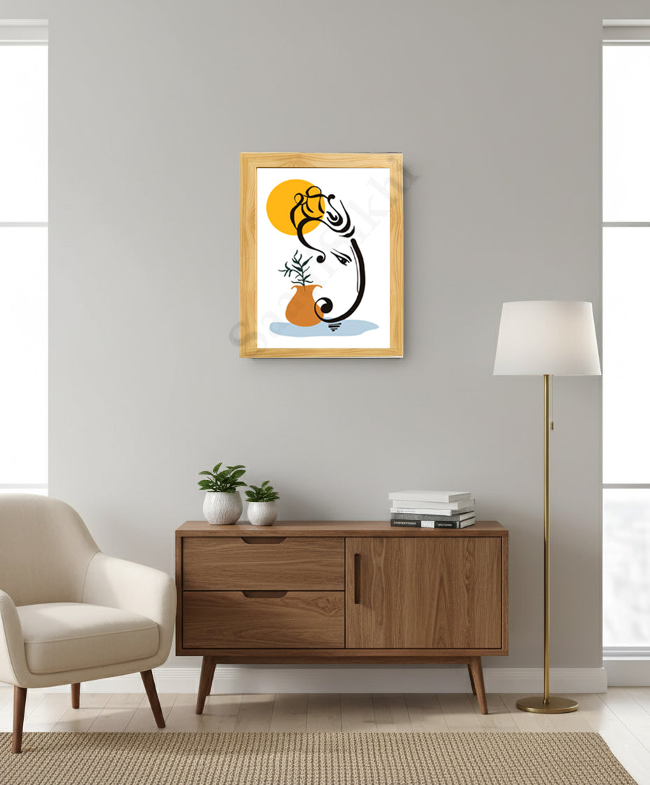 Abstract Modern Om Ganesha Minimalist Line Drawing Indian Hindu God Home Wall Decor I Boho Art I Simple Ganesha Puja Room Decor IIndian ArtI Wall Frame I with Self Adhesive Hook (SS-GJI-002)