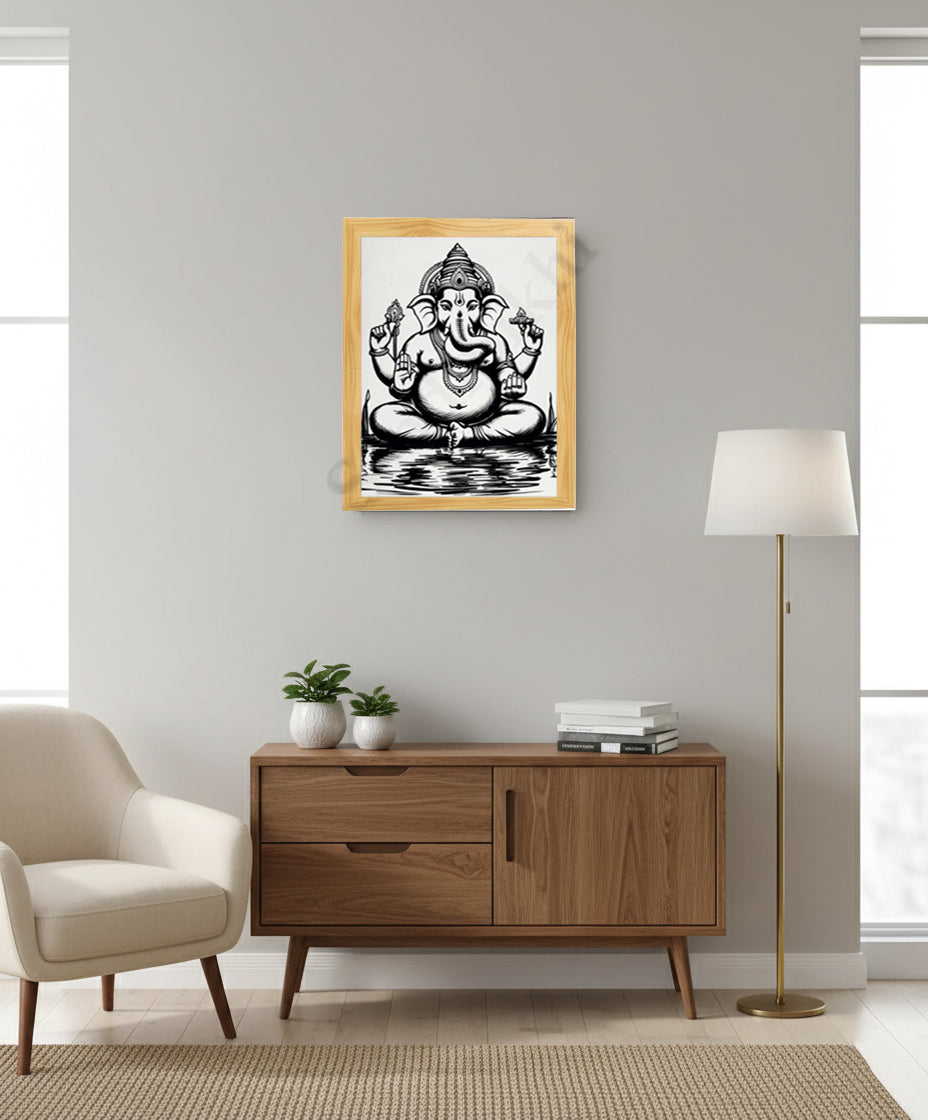 Abstract Modern Om Ganesha Minimalist Line Drawing Indian Hindu God Home Wall Decor I Boho Art I Simple Ganesha Puja Room Decor IIndian ArtI Wall Frame I with Self Adhesive Hook (SS-GJI-026)