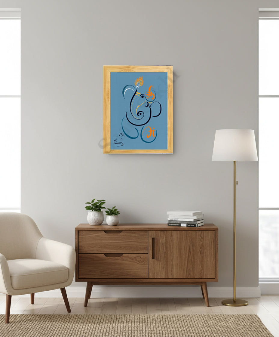 Abstract Modern Om Ganesha Minimalist Line Drawing Indian Hindu God Home Wall Decor I Boho Art I Simple Ganesha Puja Room Decor IIndian ArtI Wall Frame I with Self Adhesive Hook (SS-GJI-009)