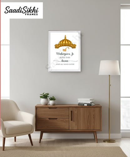 SaadiSikhi I "Waheguru Bless This Home" - Wall Decor Prints For Home , Housewarming Gifts, Sikh Quotes I Sikh Gift Ideas I Premium Office Desk / Study Desk / Side Tables and Wall Gurbani Art Wall Frames I with Self Adhesive Hook