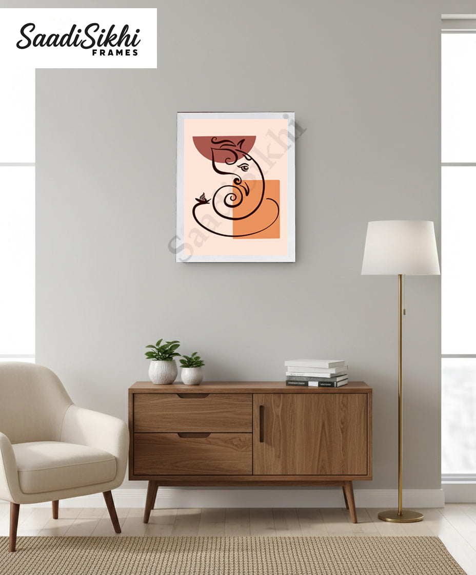 Abstract Modern Om Ganesha Minimalist Line Drawing Indian Hindu God Home Wall Decor I Boho Art I Simple Ganesha Puja Room Decor IIndian ArtI Wall Frame I with Self Adhesive Hook (SS-GJI-024)