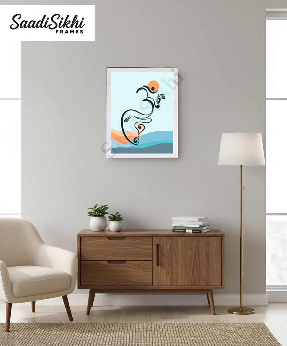 Abstract Modern Om Ganesha Minimalist Line Drawing Indian Hindu God Home Wall Decor I Boho Art I Simple Ganesha Puja Room Decor IIndian ArtI Wall Frame I with Self Adhesive Hook (SS-GJI-019)